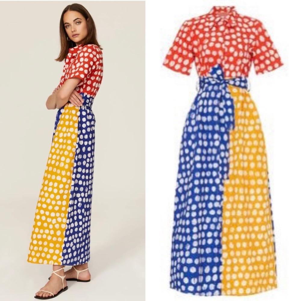Busayo Collective Color-block Dot Shirt Maxi Dress Button Short Sleeve - Size 4 - Picture 3 of 14
